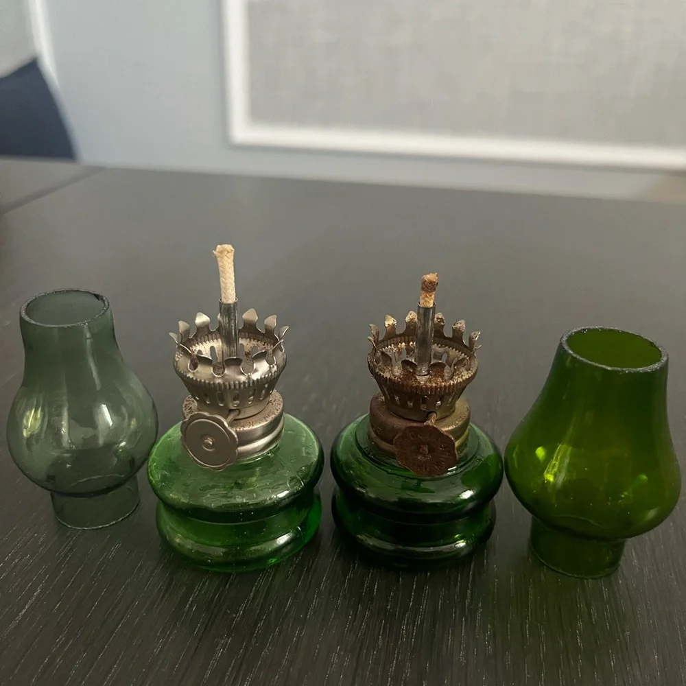 Two Vintage Miniature 4 inch Green Glass Oil Lantern Lamps Metal Decorative